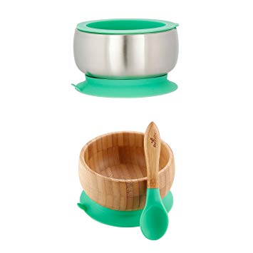 Avanchy Sustainable Bundle Green - Bamboo Baby Bowls Set + Stainless Steel Baby Bowl Set. Baby Shower,...