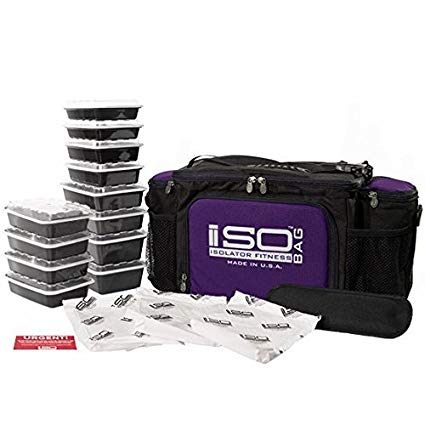 Isolator Fitness 6 Meal ISOBAG Meal Prep Management Insulated Lunch Bag Cooler with 12 Stackable Meal Prep Containers, 3 ISOBRICKS, and Shoulder Strap - MADE IN USA (Black/Purple Accent)