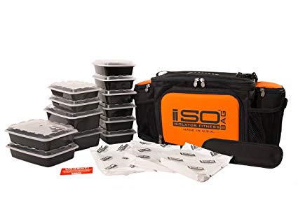 Isolator Fitness 6 Meal ISOBAG Meal Prep Management Insulated Lunch Bag Cooler with 12 Stackable Meal Prep Containers, 3 ISOBRICKS, and Shoulder Strap - MADE IN USA (Black/Tangerine Accent)