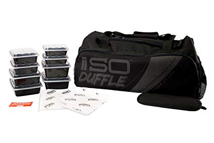 Isolator Fitness 6 Meal ISODUFFEL Gym Bag Meal Prep Management Insulated Duffle Lunch Bag with 8 Stackable Meal Prep Containers, 2 ISOBRICKS and Shoulder Strap -MADE IN USA (Blackout)