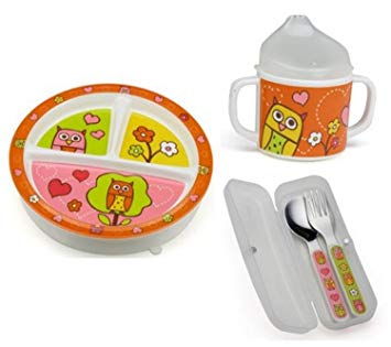 Sugarbooger Divided Plate, Sippy Cup, and Silverware Set-Hoot Hoot Owl