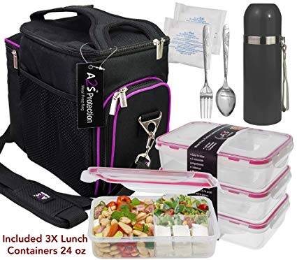 A2S Complete Meal Prep Lunch Box - 8 Pcs Set: Cooler Bag 3x Portion Control Bento Lunch Containers Leakproof 3 Compartments Microwavable BPA Free - Fork & Spoon - Thermos - 2x Ice Gel (Black/Purple)