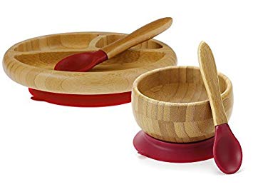 Avanchy Set Bamboo Stay Put Suction Bowl + Baby Bamboo Stay Put Suction Divided Plate - Magenta
