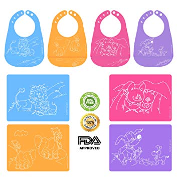 Easy Clean Silicone Bib & Mat Package for Baby Feeding Easily Wipes Clean! (All 4 color Package)