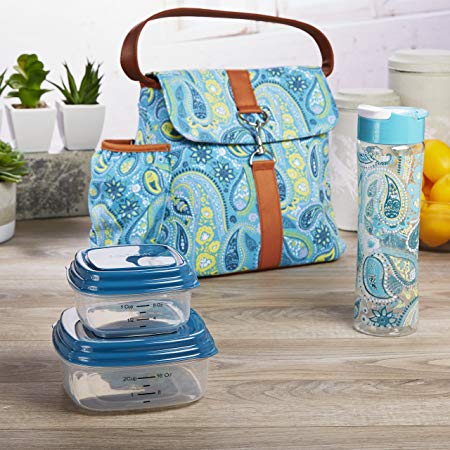Fit & Fresh Fayetteville Lunch Kit with Containers and Water Bottle, Teal Paisley Breeze