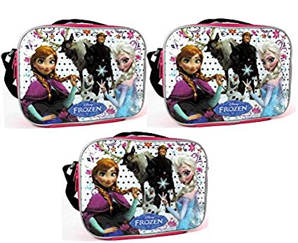 Disney Frozen Lunch Bag with Strap Features Elsa Anna Olaf Kristoff Sven (Pack of 3)