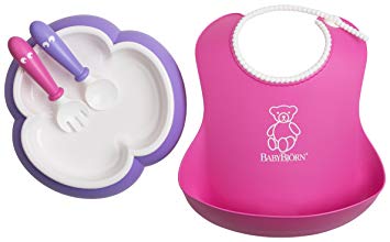 Baby Feeding Set - Pink Soft Bib, Purple Plate, Purple Spoon and Pink Fork