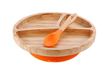 Avanchy Baby Toddler Feeding Plate Bamboo - Stay Put Suction Divided Plates Plus Baby Spoon, Orange 9