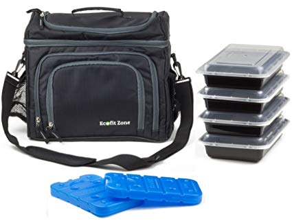 Meal Prep Bag by Ecofit Zone - Meal management System with 4 Reusable Portion Control Containers and 2 Ice Packs for Weight Management